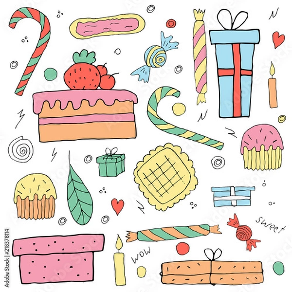 Fototapeta Set of holiday objects. Birthday things. Vector illustration, doodle style.