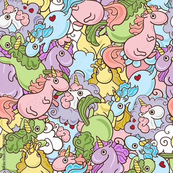 Fototapeta Magic Unicorn with rainbow horn and flying hearts with wings seamless pink pattern. Modern fairytale endless textures, magical repeating backgrounds. Cute baby backdrops.