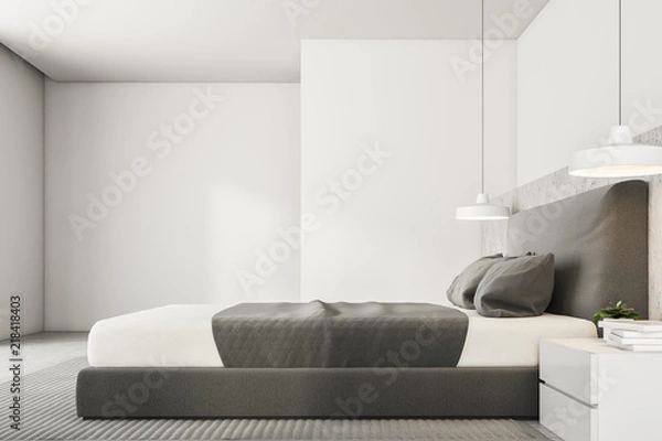 Fototapeta Side view of luxury white bedroom interior