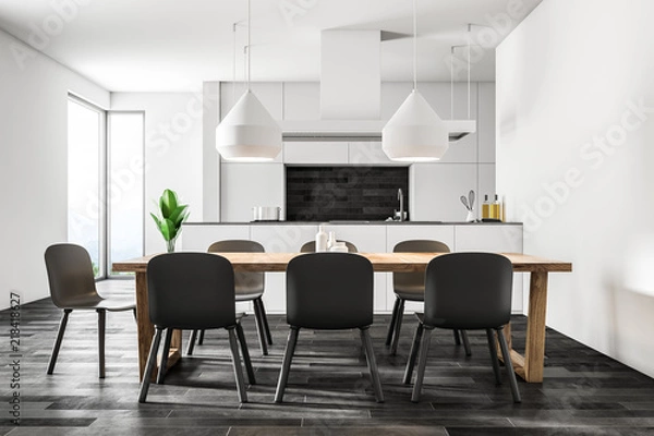 Fototapeta White kitchen and dining room interior