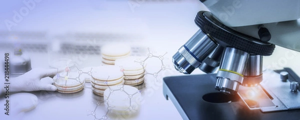 Obraz Close-up shot of microscope with metal lens at laboratory