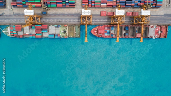 Obraz Aerial view container ship from sea port for import  export or transportation concept background.