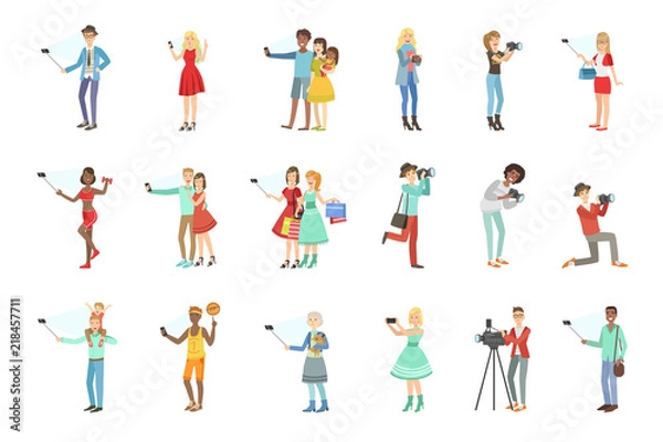 Fototapeta People Taking Picture With Selfie Stick Set Of Illustrations