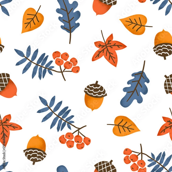 Fototapeta Autumn seamless pattern with leaves, berries and acorns