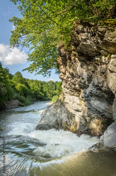 Fototapeta Mountain river with a waterfall flowing between rocky coasts. Over the river trees grow. Taken at sunny spring day at Carpathian mountains. Fast flowing water. Natural background. Freshness feel.