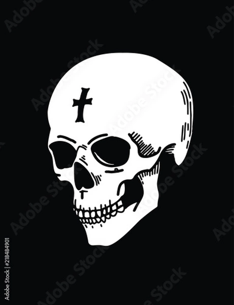 Obraz White skull on black background, a hand-drawn human skull illustration with a cross on the forehead