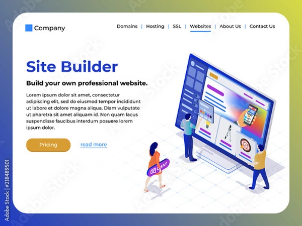 Fototapeta Constructor of web pages and websites. People in the flat 3d isometric style are working on creating the site. Easy to edit and customize. Modern template for website design. Vector illustration