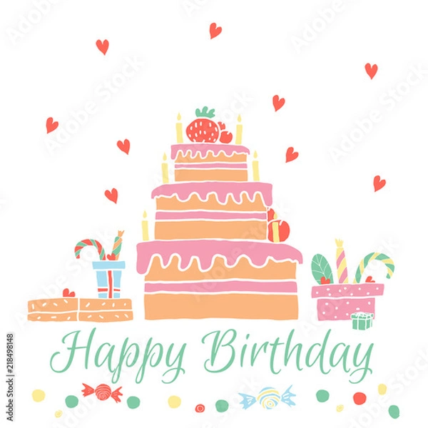 Fototapeta Happy Birthday greeting card in hand drawn style. Cute holidays elements isolated on a white background. Vector illustration.
