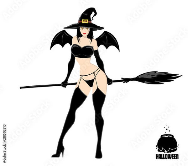Fototapeta Pretty witch in magic hat with broom. Design element for Halloween banner or holiday card. Vector illustration isolated on white background.