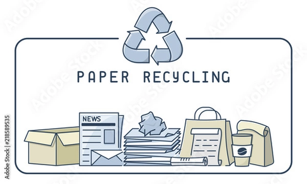 Fototapeta Ilustracja recyklingu papieru z śmieci i napis. Ilustracja wektorowa w stylu liniowym. EPS10