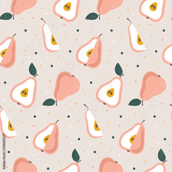 Fototapeta Hand drawn seamless pear pattern. Repetitive simple vector background with fruits.
