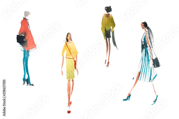 Fototapeta Different types of women top trends in fashion Watercolor illustration Quick sketch drawing.
