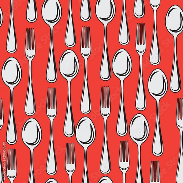 Fototapeta A seamless pattern, cutlery of a spoon with a fork on a red background