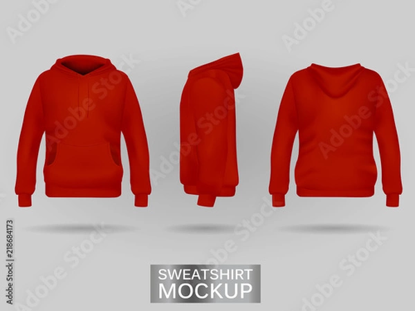 Fototapeta Red sweatshirt hoodie without zip template in three dimensions: front, side and back view, realistic gradient mesh vector. Clothes for sport and urban style