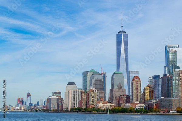 Fototapeta NYC financial district from a ferry