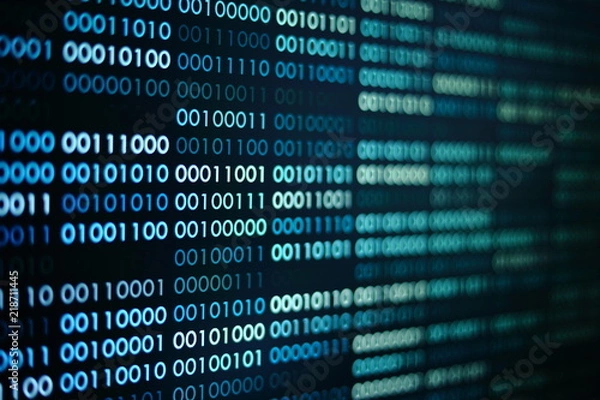 Fototapeta computer technology background. binary code computer language data transfers. big data and ai artificial intelligence cyber network. digital business environment.
