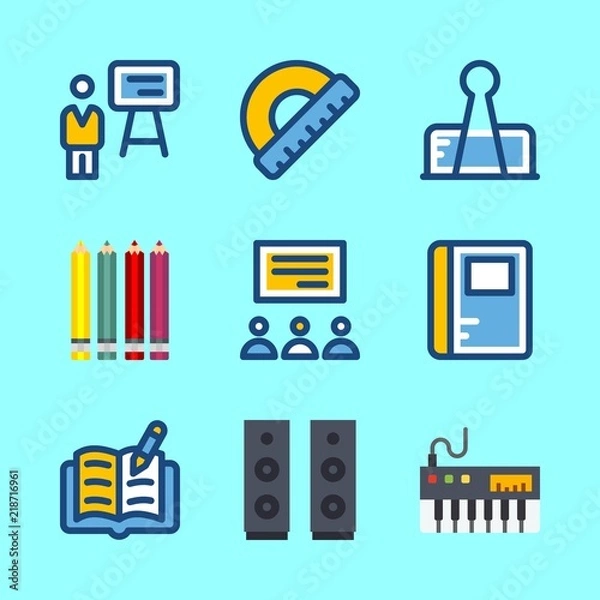 Fototapeta education vector icons set. piano, speaker, notebook and colored pencils in this set