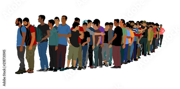 Fototapeta Group of people waiting in line vector isolated on white background. Group of refugees, migration crisis in Europe. Turkey war migration waves going through Schengen Area. Border situation in EU.