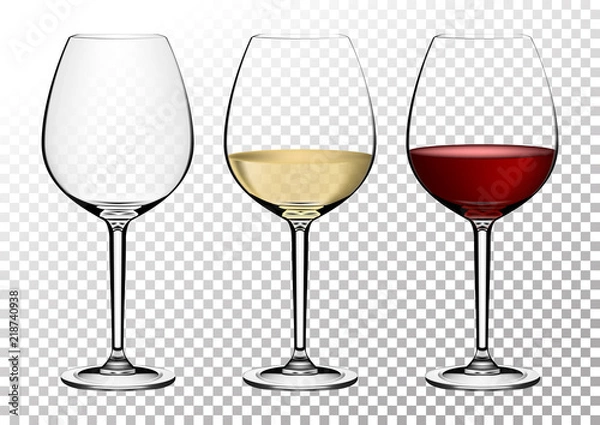 Fototapeta Set transparent vector wine glasses empty, with white and red wine. Vector illustration in photorealistic style.