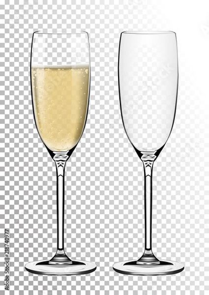 Fototapeta Set transparent vector champagne glasses empty, with sparkling wine. Vector illustration in photorealistic style.