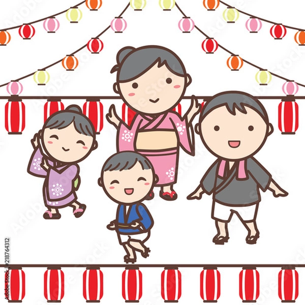 Obraz 夏祭りで踊る浴衣を着た家族のイラスト