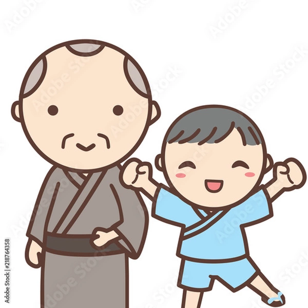 Fototapeta  浴衣を着たおじいちゃんと男の子のイラスト