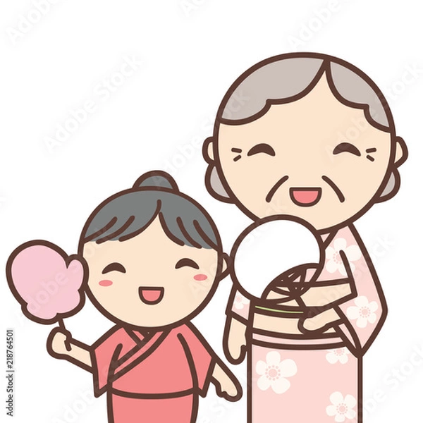 Fototapeta 浴衣を着たおばあちゃんと女の子