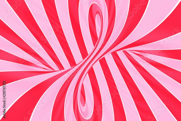 Fototapeta Christmas festive pink and red spiral tunnel. Striped twisted lollipop optical illusion. Abstract background. 3D render.