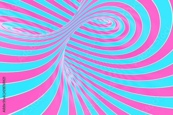 Fototapeta Confection festive pink and blue spiral tunnel. Striped twisted lollipop optical illusion. Abstract background. 3D render.