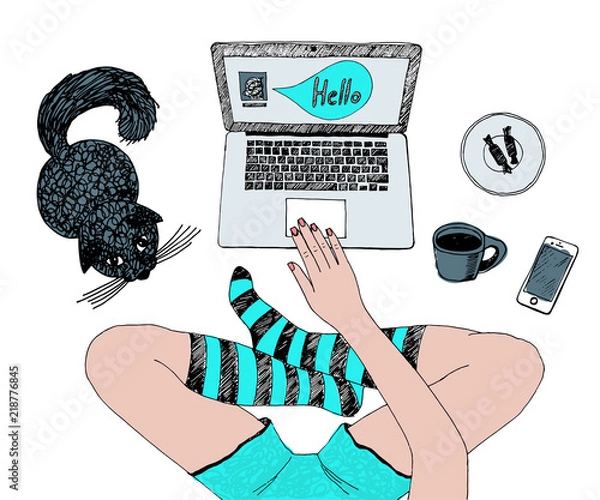 Obraz Hand drawn vector illustration of young pretty woman with red cat is chatting online. Sitting cross-legged and using laptop at home. Colored sketch isolated on white background