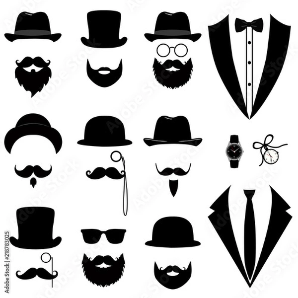 Obraz Men's tuxedo. Mustache, glasses, beard, pipe and top hat. 