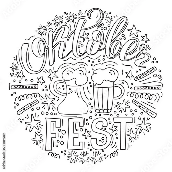 Fototapeta Hand drawn, doodle set with Hand lettered phrase OktoberFest. Sketch icons for invitation, flyer, poster, t-shirt design or blog. Isolated on white background