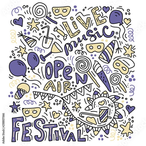 Fototapeta Hand drawn, live music doodle set. Sketch icons for invitation, flyer, poster, t-shirt design or blog. Isolated on white background
