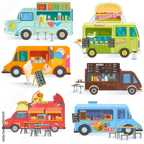 Fototapeta Food truck wektor uliczny pojazd food-truck i fast food dostawy z zestawem ilustracji hot dog lub pizzy napojów lub lodów w food truck na białym tle