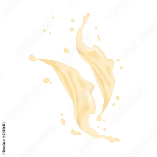 Obraz 3d realistic twisted pineapple, banana, orange juice milk splash with drops. Isolated banana yogurt caramel cream surfing wave on white background. Product package design. Vector