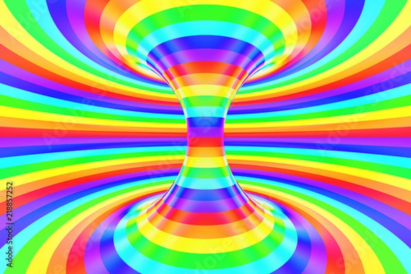 Fototapeta Rainbow funny spiral tunnel. Striped twisted cheerful optical illusion. Abstract background. 3D render.