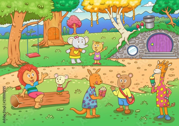 Fototapeta Vector illustration with cute forest animals in a children's style. A set of mammals in the forest. cartoon illustration of wild animals living in the tree house, tree hollow