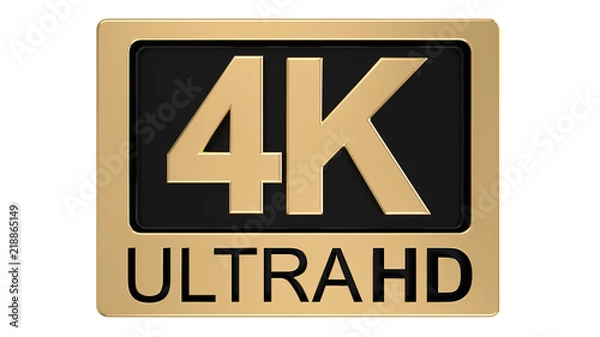 Fototapeta 4K ultra hd symbol isolated on white background. Television technology concept of golden and black ultra high definition sign on white plane. 3d rendering