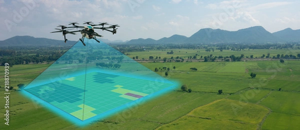 Obraz drone for agriculture, drone use for various fields like research analysis, safety,rescue, terrain scanning technology, monitoring soil hydration ,yield problem and send data to smart farmer on tablet