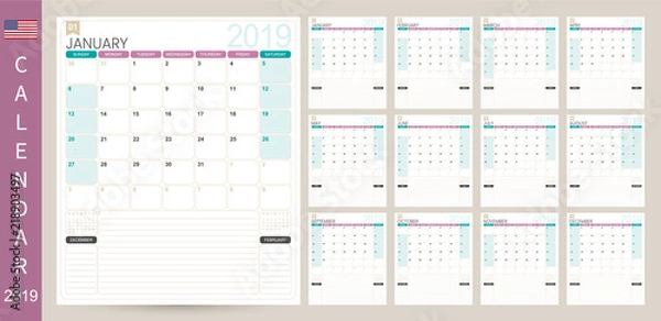 Obraz English calendar 2019 / English calendar planner 2019, week starts on Sunday, set of 12 months January - December, simple calendar template, set desk calendar template, vector illustration