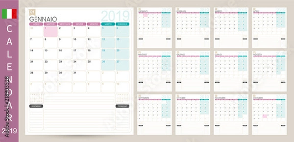 Fototapeta Italian calendar 2019 / Italian calendar planner 2019, week starts on Monday, set of 12 months January - December, simple calendar template, set desk calendar template, vector illustration