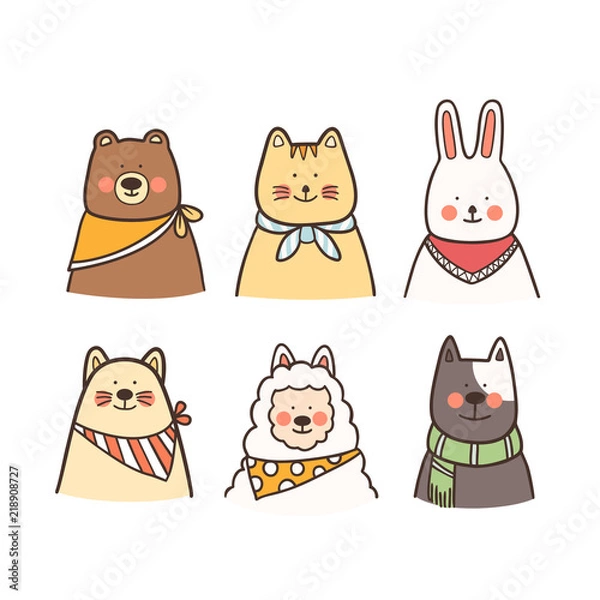 Fototapeta Set of cute animals with scarf in hand drawn