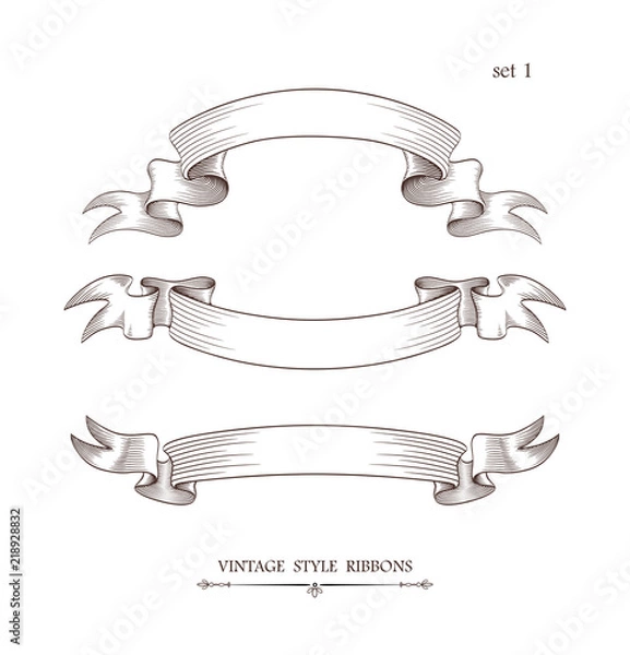 Fototapeta Set of vintage arcuate ribbons. Engraving style vector illustration. Retro hand drawn labels, banners and logo elements.