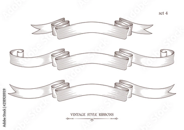 Fototapeta Set of vintage ribbons. Engraving style vector illustration. Retro hand drawn labels, banners and logo elements.