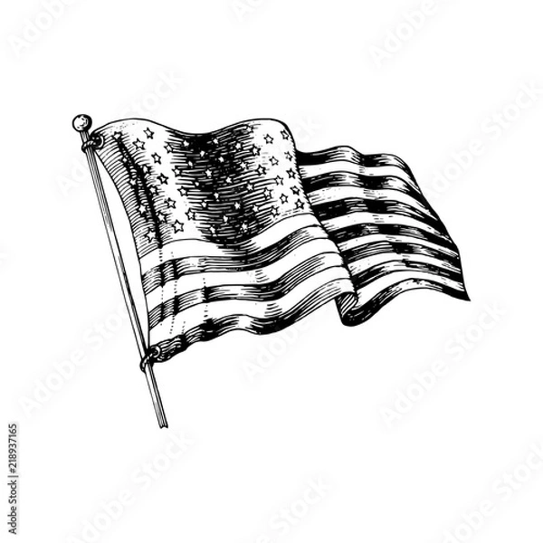Fototapeta National American flag, vector illustration drawn in engraved style. Used for greeting card, festive poster.