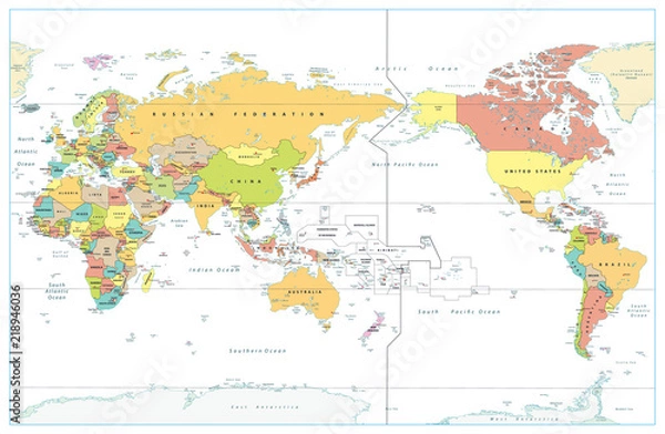 Fototapeta Pacyfiku wyśrodkowanego świata kolorowa mapa na białym tle