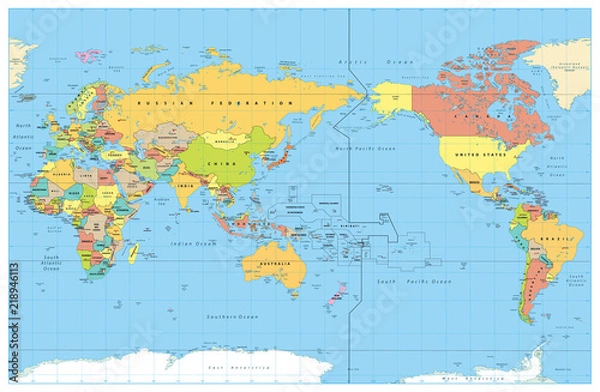 Fototapeta Pacific Centered World Colored Map. No Bathymetry