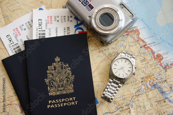 Obraz Passport, air ticket, camera and map.