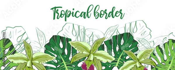 Fototapeta Tropical leaves, flowers seamless pattern border frame with space for text. Hand drawn sketch monstera, palm and orchids floral decoration for fabric, textile or graphic design.