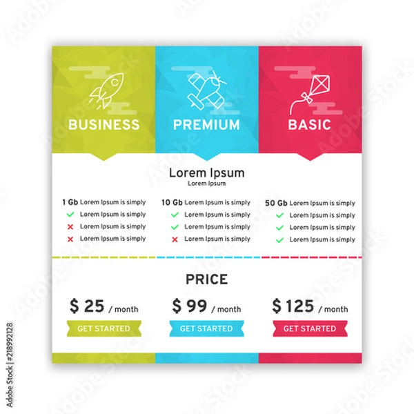 Obraz Price table for websites and applications. Template of tariffs. Vector illustration